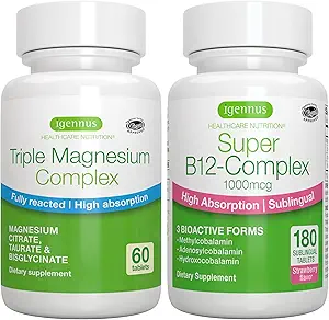 Triple Kompleksi + Super B12-Complex Energy Sche, High Abxia Chelated Glycinate, Taurate & Citrate Magnezyum + High Abpole Sublingual B12, Vegan, Igennus