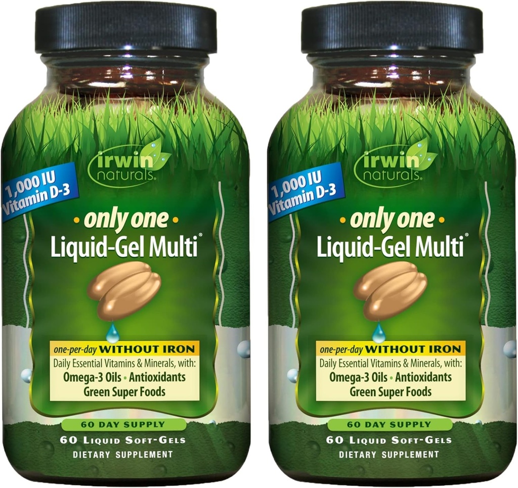 Irwin Naturals Only One Liquid-Gel Multi Without Iron - 60 Liquid Soft-Gels, Pack of 2 - Omega-3 Oils, Antioksis & Green Super Foods - 120 Toplam Hizmetler