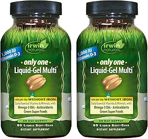 Irwin Naturals Only One Liquid-Gel Multi Without Iron - 60 Liquid Soft-Gels, Pack of 2 - Omega-3 Oils, Antioksis & Green Super Foods - 120 Toplam Hizmetler