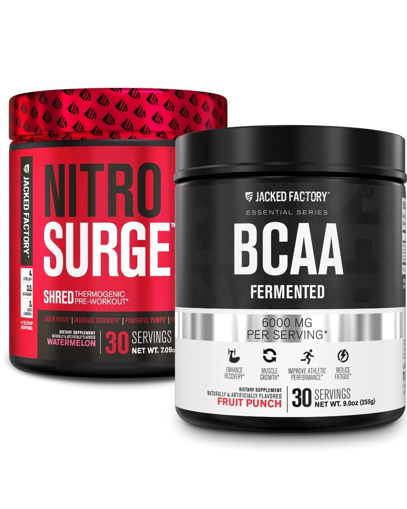 Jacked Factory Nitrosurge Ked Thermogenic Pre-Workout in Watermelon & BCAA in Fruit Punch for Body Recomposition, Muscle Building and Recovery