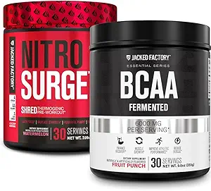Jacked Factory Nitrosurge Ked Thermogenic Pre-Workout in Watermelon & BCAA in Fruit Punch for Body Recomposition, Muscle Building and Recovery