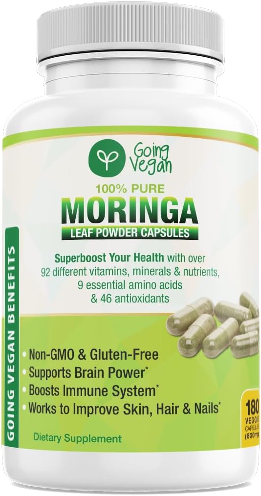 Moringa Κάψουλες, 180 Vegan Pure Oleifera Leaf Powder Pills, 1200mg ανά υπηρεσία, μη ΓΤΟ και χωρίς γλουτένη συμπλήρωμα, 3 Μήνες προσφοράς, υποστήριξη ανοσοποιητικού συστήματος, Μεταβολισμός και ενίσχυση ενέργειας