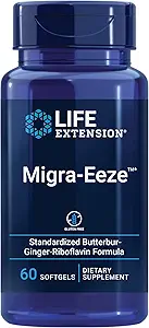 Life Extension Migra-Eeze - Butterbur Root Extract with Vitamin B2 (Riboflavin) & Ginger Supplement - Formula to Ease Head Discomfort - Gluten-Free — 60 Softgels
