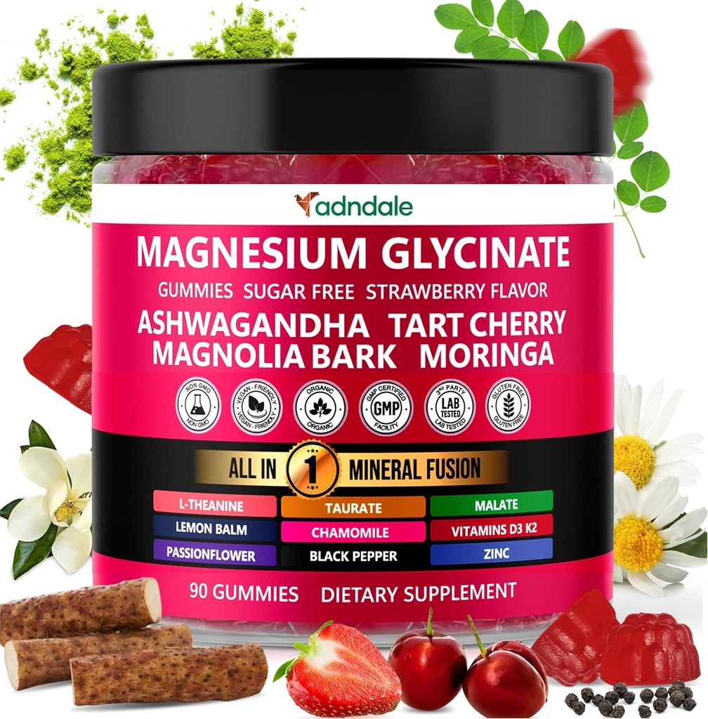Adndale 90ct 15-in-1 Magnesium Glycinate Gummies 400 mg/serv- with Magnesium Malate, Ashwagandha, Tart Cherry, Magnolia Bark, Lemon Balm, Passionflower, Chamomile, L-Theanine, Zinc, Vitamin K2 & D3