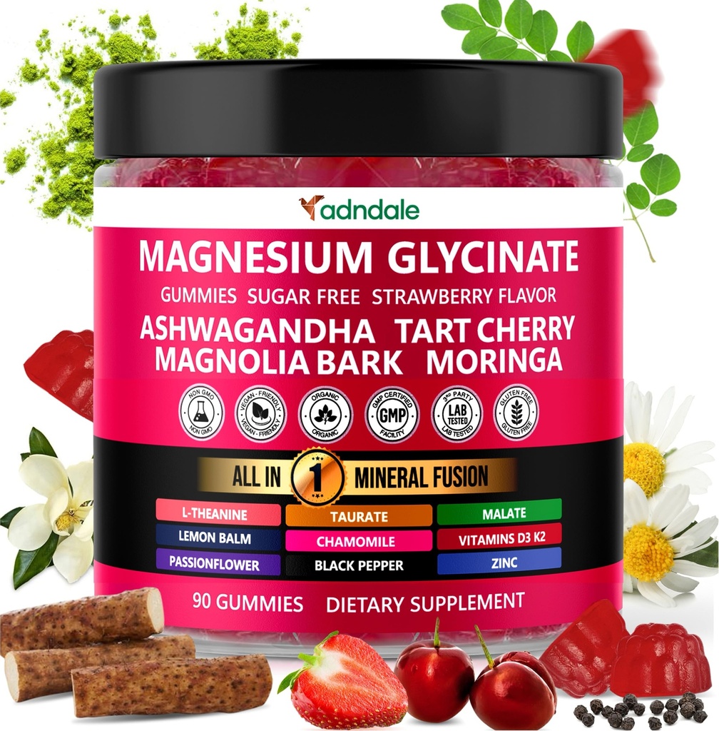 Adndale 90ct 15in-1 Magnezyum Glycinate Gummies 400 mg/serv- Magnezyum Malate, Ashwagandha, Tart Cherry, Magnolia Bark, Lemon Balm, Passionflower, Chamomile, L-Theanine, çinko Vitamin K2 & D33