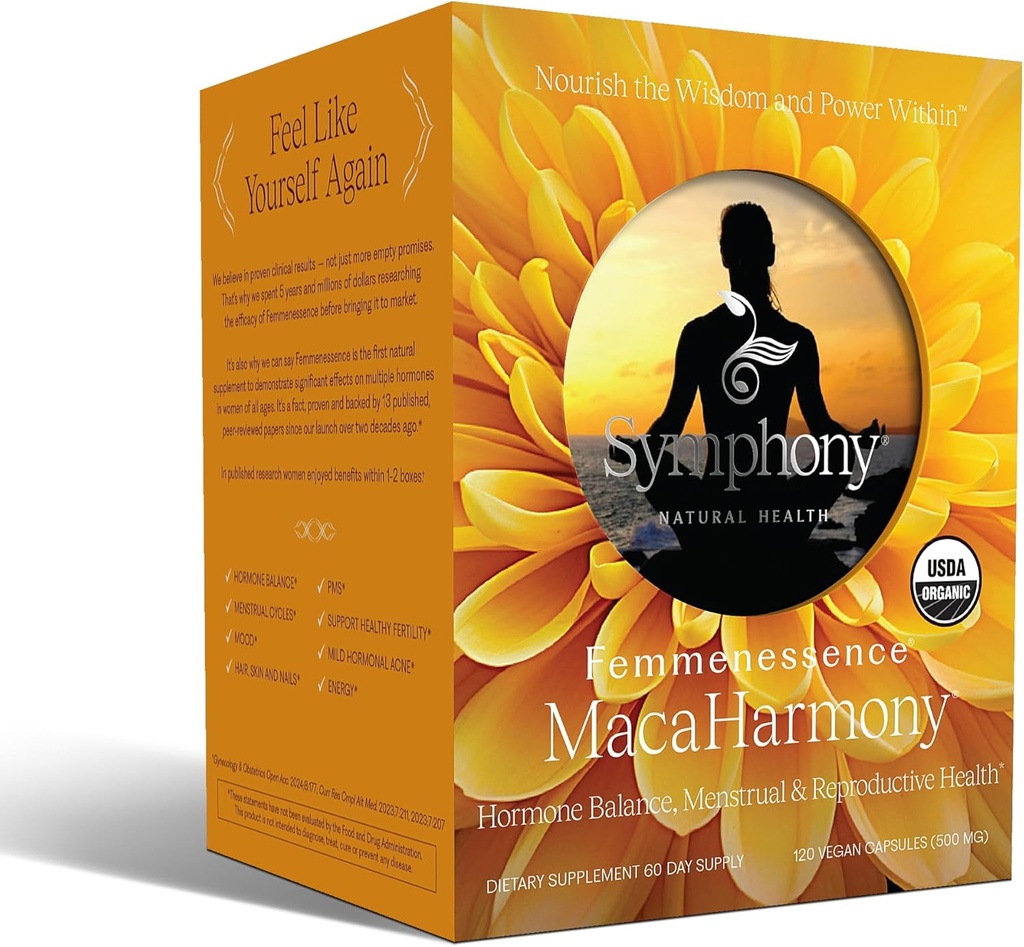 Femmenessence MacaHarmony – Επιστημονικά αποδεδειγμένα για την υποστήριξη ισορροπίας ορμονών για τις γυναίκες, τακτικός εμμηνορρυσιακός κύκλος, PMS, ακμή, υγιές δέρμα, γονιμότητα, φυσικά οργανικά κάψουλες Maca (120)