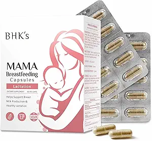 BHK's Mama Θηλασμός κάψουλες Veg, αύξηση της προσφοράς μητρικού γάλακτος, συμπλήρωμα για την υποστήριξη μετά την εγκυμοσύνη & θηλασμός, 60 κάψουλες, 2-Εβδομάδα προσφοράς