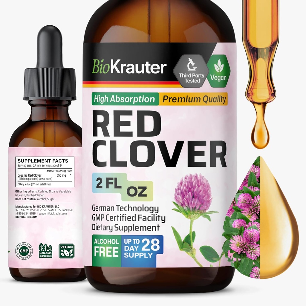 BIO KRAUTER Red Clover Tincture - Red Clover Extract - Kadınlar Destek için Sıvı Supplement - Alkol ve Şeker Ücretsiz - Vegan 2 Fl.Oz.
