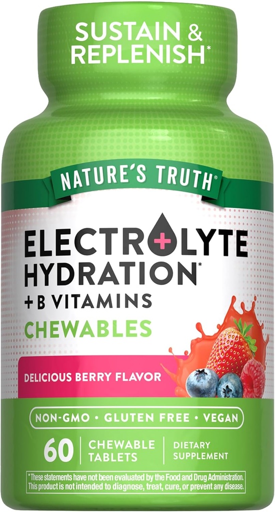 Nature's Truth Electrolyte Tabletler | 60 Count | Non-GMO & Gluten Free Chewable Supplement for Hydration | Berry Flavor