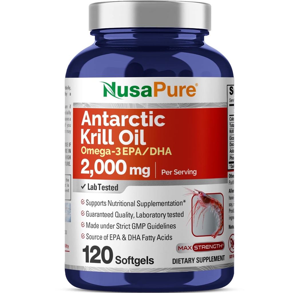 NusaPure Antarktika Krill Oil 2000 mg 120 Softgels, Omega-3 EPA 360 mg, DHA 240 mg, Soyfree Astaxanthin Supplement Sourced from Krill 800ppm