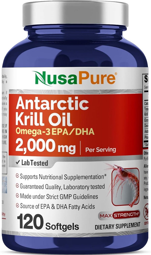 NusaPure Antarktika Krill Oil 2000 mg 120 Softgels, Omega-3 EPA 360 mg, DHA 240 mg, Soyfree Astaxanthin Supplement Sourced from Krill 800ppm