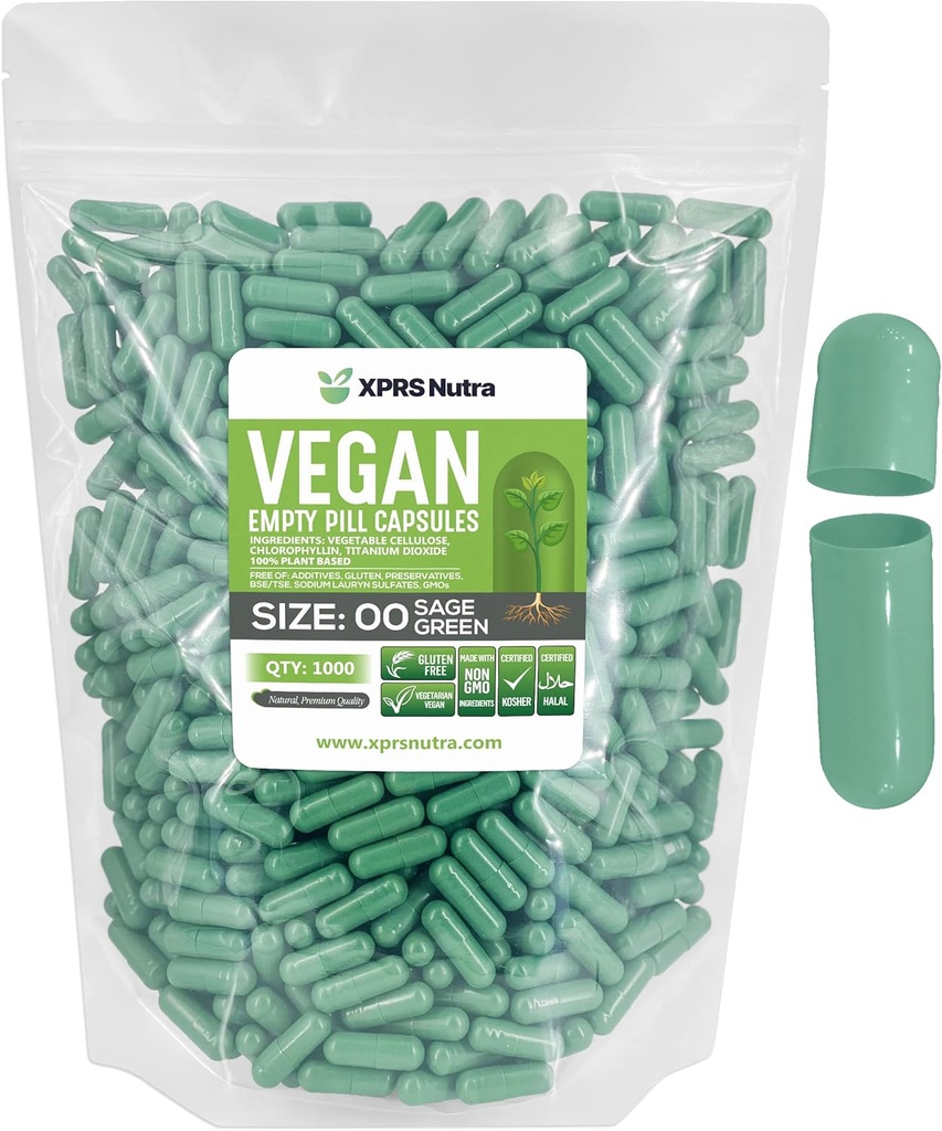 XPRS Nutra Boyutu 00 Boş Kapsüller - 1000 Kont Boş Vegan Capsules - Vejetaryen Boş Pills - DIY Sebze Kapsülü - Veggie Pill Caps (Sage Green)