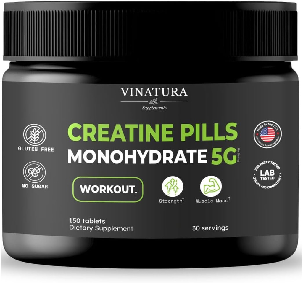 VINATURA Tinatine Monohidrat Pills 5g - creatine Tabletler, Erkekler için creatine Pills, Kadınlar, creatina en capsulas *USA Made & Tested* Unflavored, creatine monohidrat Toz alt, 150 Tablet 30 Hizmet