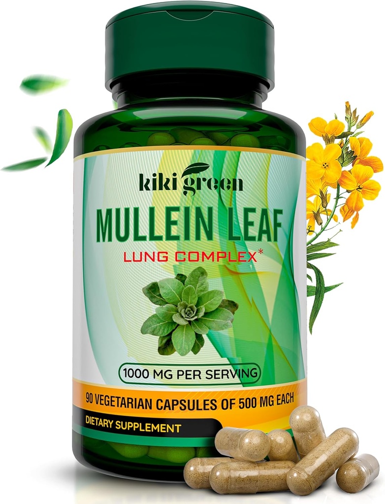 KIKI Green Mullein Leaf Extract Capsules - Vegan Herbal Supplement - Lung Cleanse, Support, Better Respiratory, Immune Function - 1000 mg 45 Hizmet - 90 Count
