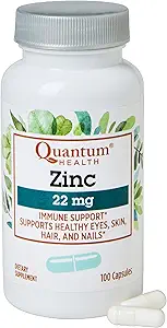 Quantum Health Zinc Gluconate 22mg Καθημερινή Ανοσία συμπλήρωμα Boost Υποστηρίζει την ενέργεια, υγιή μάτια, δέρμα μαλλιών & νύχια - Απαραίτητη Ορυκτή Ανοσοποιητική Υποστήριξη για γυναίκες & άνδρες - 100 κάψουλες