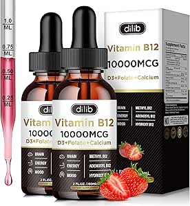 Vitamin B12 Liquid Drops Sublingual 10000 mcg, Triple B-12 Complex Supplement, Methyl & Methylcobalamin Blend for Women & Men, Mood & Energy Booster, Metabolism & Health Support, 2 Pack