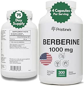 PRISTINE'S Berberine Supplement Capsules - 1000 MG 75 Day Supply - Heart, & Immunity Health Support Antioxy - Digestive Tract & Health Gut Flora Support