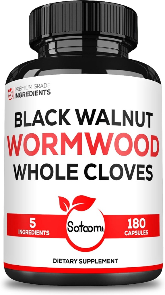 Satoomi 5 in 1 Wormwood Capsules Supplement - Black Walnut, Whole Cloves, Turmeric and Berberine HCl - Immune System & Digestion Health - 180 -90 Day Supply