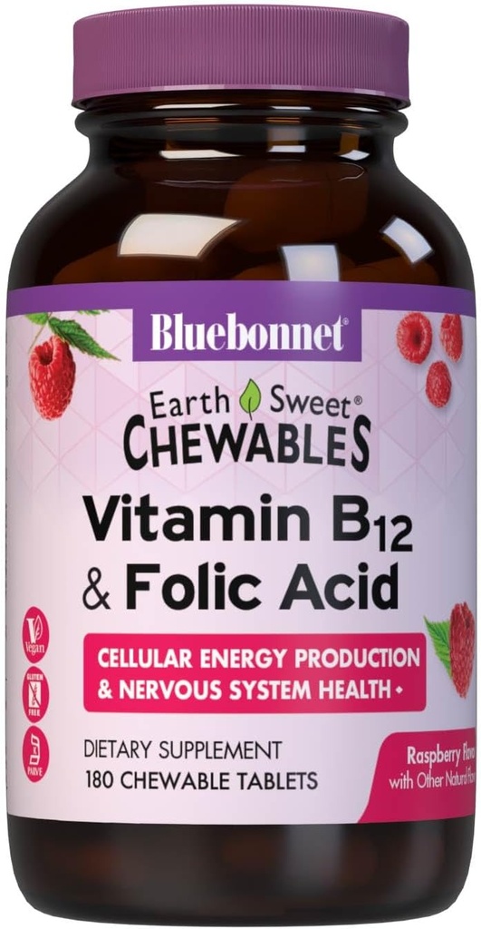 Bluebonnet Beslenme Dünya Tatlı B12 1000 mcg & Folic Asit 400 Telefon Beyin Sağlığı ve Enerji * Kadınlar ve Erkekler için Vitaminler - Vegan, Gluten-Free Raspberry B 12 Vitamin - 180 Chewable Tabletler