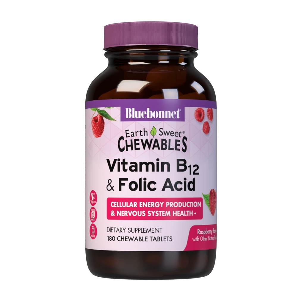 Bluebonnet Beslenme Dünya Tatlı B12 1000 mcg & Folic Asit 400 Telefon Beyin Sağlığı ve Enerji * Kadınlar ve Erkekler için Vitaminler - Vegan, Gluten-Free Raspberry B 12 Vitamin - 180 Chewable Tabletler