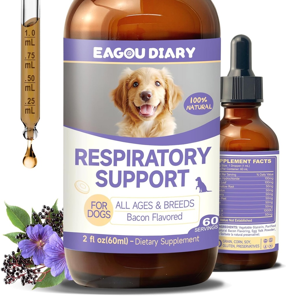 EagouDiary Dog Cough Treatment, Liquid Kennel Cough Treatment with Lysine, Mullein, Βιταμίνες, Φυσικό συμπλήρωμα για το αναπνευστικό, φτάρνισμα, ξηρό, υγρό & Barky Relief (60mL/2 Fl Oz)
