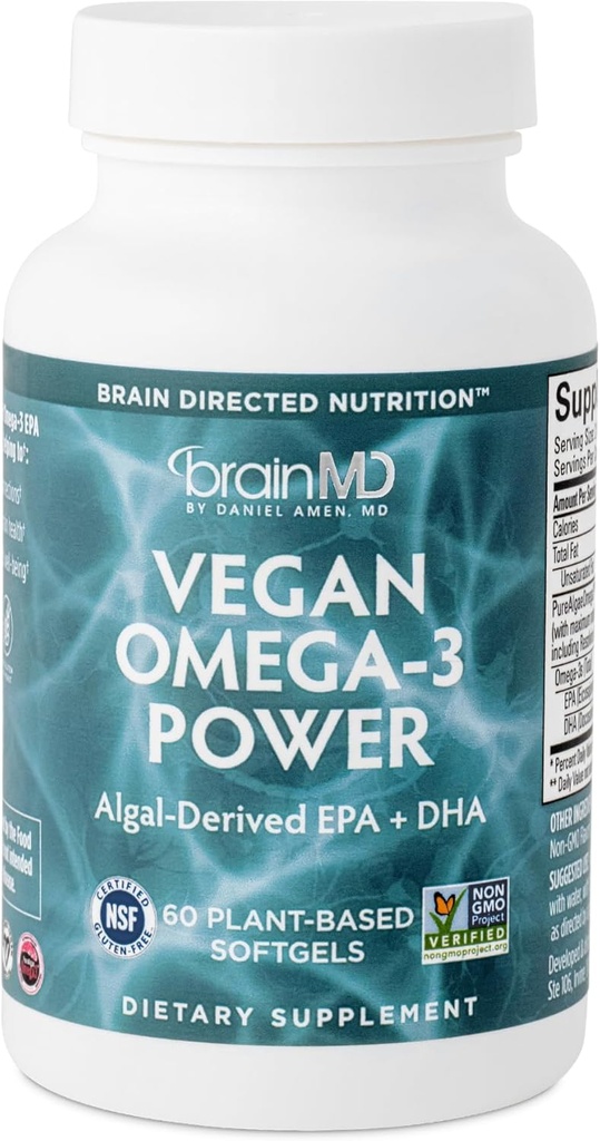 BRAINMD Dr Amen Vegan Omega-3 Power - 60 Plant-Based Softgels - 1,100 mg of EPA & DHA - Destekler Focus, Memory & Heart Health - Vegan, Gluten Free & Non-GMO - 30 Servisler