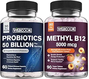 B12 Vitamini ve Probiyotikler 50 Milyar İşaret, Mesel Probiyotikler için 500006, Organik Prebiyotikler, Digestive & Immune Support, B12 Tabletler 90 ct & Probiyotiks Capsules 60ct