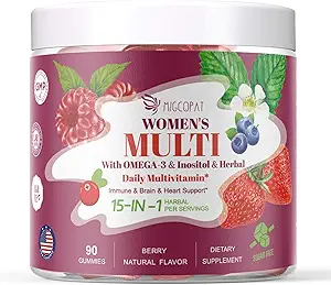Kadınlar için Multivitamin Gummy w/Omega-3, Inositol, Folate, Biotin, Vitamins A, C, D3, E, B12 Kalp, Beyin, Saç, Enerji ve Immune, Sugar-Free Gummies, Berry Flavor, 90 Cts