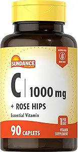 Sundance Vitamin C 1000mg with Rose HIPS | 90 Vegetarian Caplets | Essential Vitamin | Vegetarian, Non-GMO, and Gluten Free Supplement