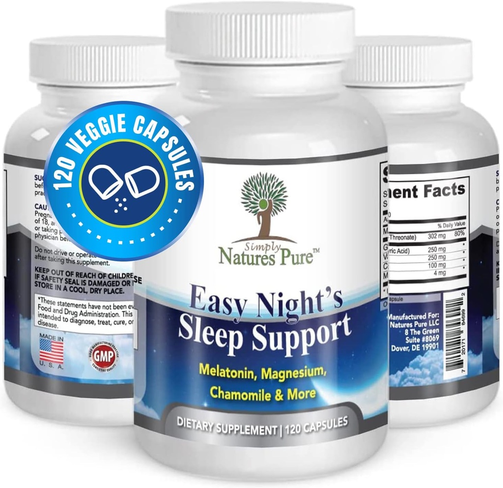 Basitçe Doğalar Pure – Easy Night's Sleep Support – Natural Supplement – Magnezyum – Valerian Root – Chamomile – Melatonin – Sebze Capsule – Non-GMOMO