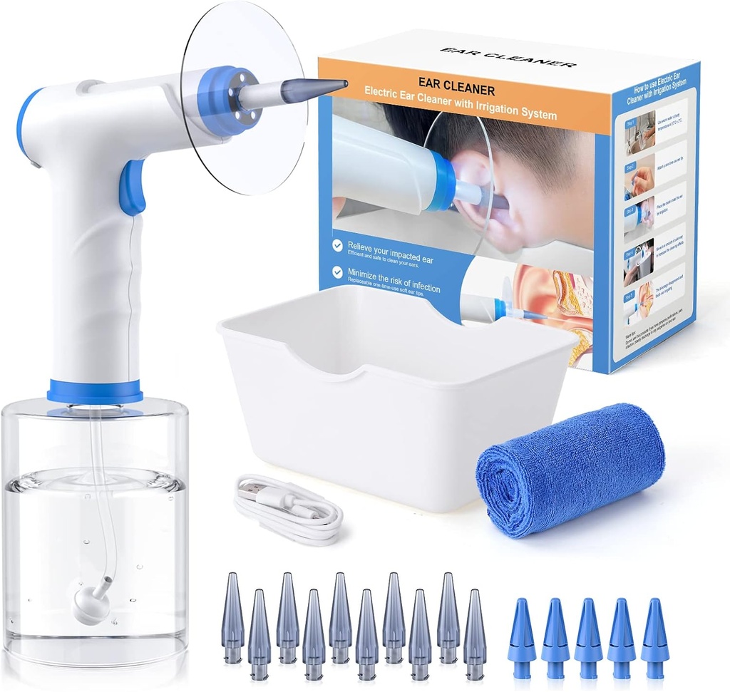 Ear Wax Removal, Electric Ear Temizlik Kit with Light, FSA-HSA-Elect, Ear Irrigation Kit with 4 Basınç Modes, Güvenli ve Etkili Ear Flush Kit with Ear temizleyici - Adds Basin, Havlu & 15 Tips