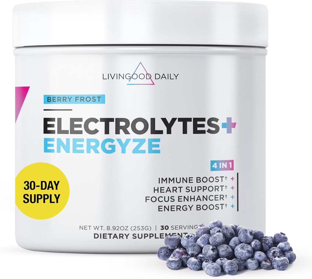 Livingood Daily Electrolytes Powder, Electrolytes Hydration Drink Mix with Vitamin C, Magnesium, Taurine & Sea Salt, Electrolyte Supplement for Energy & Hydration, Keto, Berry Frost Flavor, 30 Srvgs