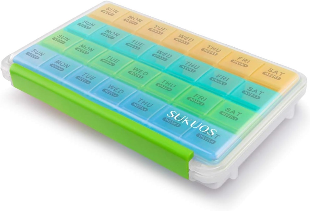 Sukuos Monthly Pill Organizer 28 Day Easy to Open, Large Moisture-Resistant Pill Box Cases with Dust-Proof Box and Clear Lid for Vitamin/Fish Oil /Supplements
