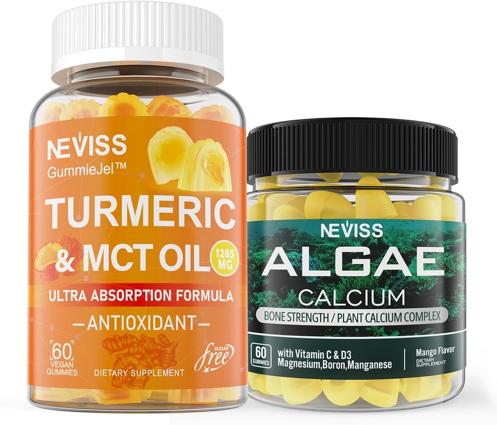 NAVISS Ζάχαρη χωρίς κουρκουμίνες Curcumin Gummies + συμπλήρωμα ασβεστίου θαλάσσιων αγκώνων 600mg, υψηλή απορρόφηση, Vegan
