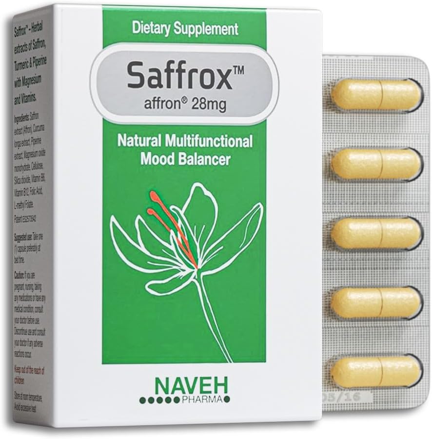 NAVEH PHARMA Saffrox - Mood Support Saffron Supplement. 28mg of Saffron Extract. Geliştirilmiş Well-Being, Boost Energy. Doğal ve Güvenli, Non-GMO, Chemical-Free, Vegan Dostu. 1 Ay Supply (30 Caps)