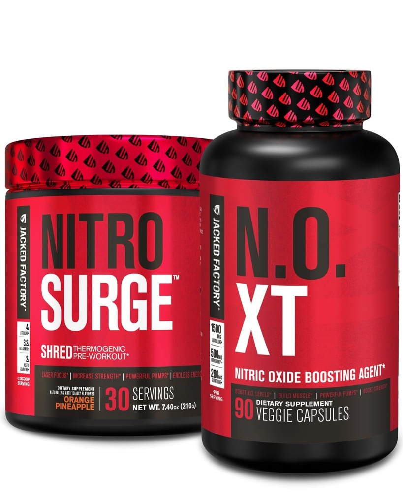 Jacked Factory Nitrosurge Shred Thermogenic Pre-Workout in Orange Pineapple & N.O. XT Nitric Oxide Booster for Men & Women