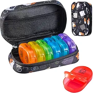 Serfeymi Weekly Travel Pill Organizer 2 Times A Day AM PM Yükseltd Rainbow Pill Box 7 Day with Portreatif Hologram Kanlar, Vitaminler, Fish Oils - Black 02