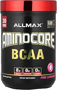ALLMAX Διατροφή AMINOCORE BCAA – 8G BCAAs – 100% καθαρός κλάδος αλυσοδεμένα αμινοξέα – Χωρίς γλουτένη - ροζ λεμονάδα - 315 γραμμάρια