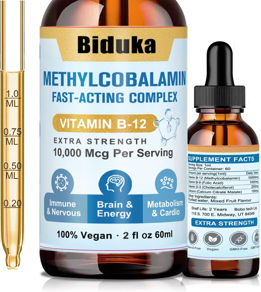 10.000 Telefon Vitamini B12 Sublingual Liquid Drops, Unique Formula with D3, B9 (Folic Acid), Kalsiyum, Destek Enerji, Kalp, Mood, Beyin, Immune System, Vegetarian, Non-GMO & Gluten Free