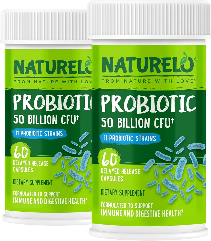 NATURELO Probiotics for Digestive Health - 50 Billion CFU, 11 Strains, Daily Use Supplement - Ενισχύει το ανοσοποιητικό σύστημα, Καθυστερημένη απελευθέρωση, No-Fridge, 60 κάψουλες χορτοφάγων (Pack of 2)