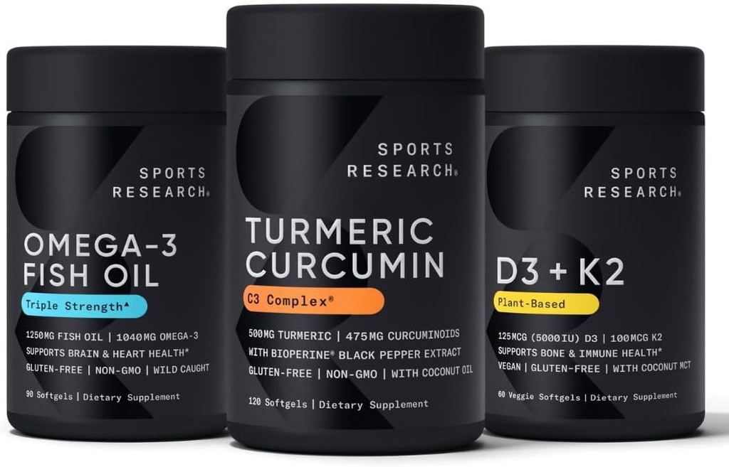 Sports Research Wild Alaskan Pollock Omega 3 Fish Oil 90 Softgels (1250 mg), Turmeric Curcumin C3 Kompleksi (120 Softgels) ve Vegan 5000 IU Vitamin D + 100 Ck7 Vitamin K (60 Softgels)