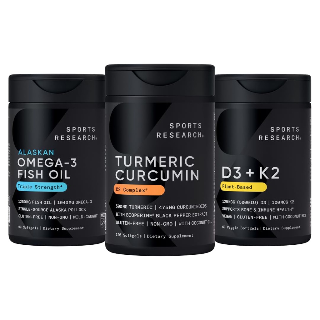 Sports Research Wild Alaskan Pollock Omega 3 Fish Oil 90 Softgels (1250 mg), Turmeric Curcumin C3 Kompleksi (120 Softgels) ve Vegan 5000 IU Vitamin D + 100 Ck7 Vitamin K (60 Softgels)