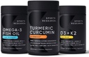Sports Research Wild Alaskan Pollock Omega 3 Fish Oil 90 Softgels (1250 mg), Turmeric Curcumin C3 Kompleksi (120 Softgels) ve Vegan 5000 IU Vitamin D + 100 Ck7 Vitamin K (60 Softgels)