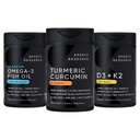 Sports Research Wild Alaskan Pollock Omega 3 Fish Oil 90 Softgels (1250 mg), Turmeric Curcumin C3 Kompleksi (120 Softgels) ve Vegan 5000 IU Vitamin D + 100 Ck7 Vitamin K (60 Softgels)