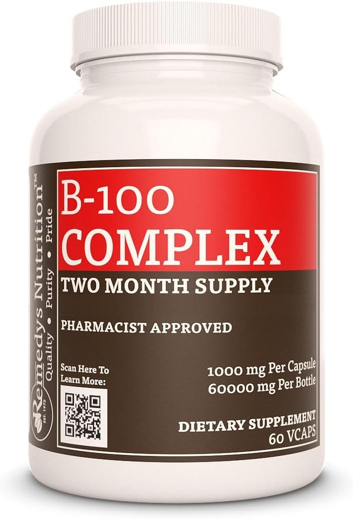 Remedy'nin Vitamini B-100 Kompleksi |1,000 mg, 60 Vegan Capsules Diyeter Supplement | Two Moon Supply