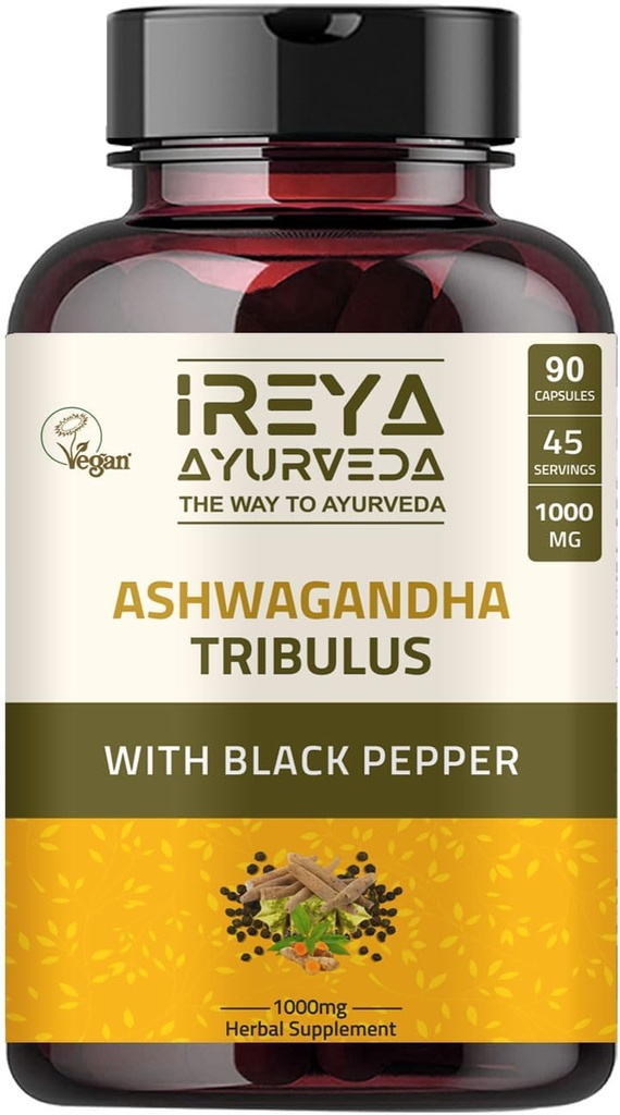 Ashwagandha Capsules Organik 1000 mg (90 Capsules) Tribulus Terrestris, Shatavari ve Black Pepper Organik Malzemeler | 45 Gün Supply