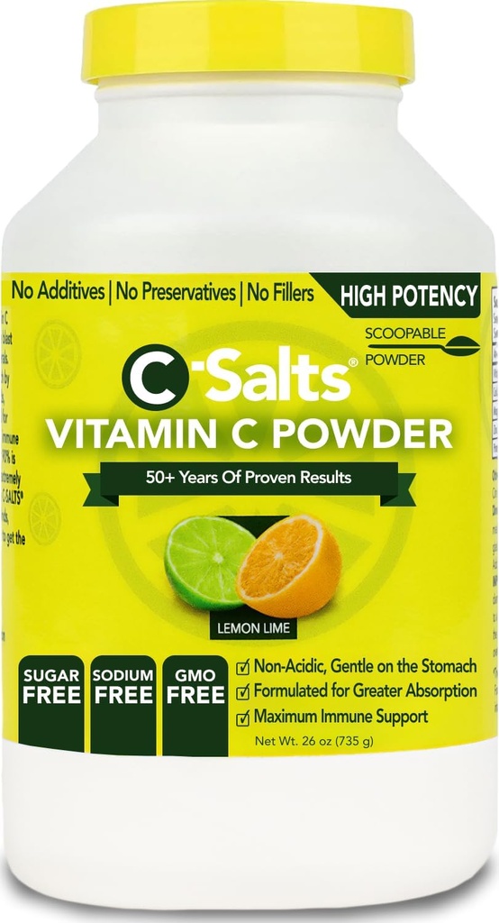 C-Salts Vitamin C Powder Supplement - 100% Pure High Dose Buffered Vitamin C Powder for Immune Support - Βιολογική, Χωρίς ζάχαρη, Vegan, Non-GMO, Στομάχι-Φιλική, Λεμόνι Lime 26oz