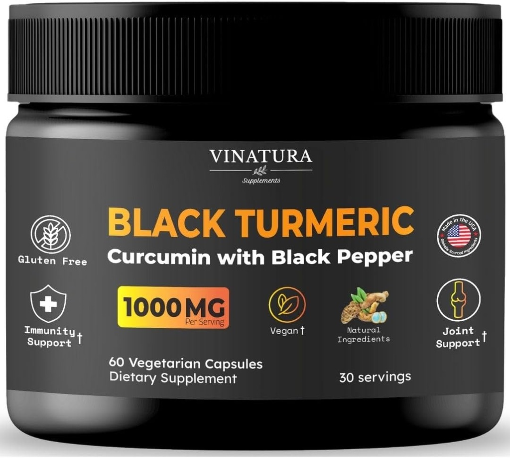 VINATURA Μαύρος Κουρκουμάς, Κουρκουμίνη με Μαύρο Πιπέρι 1000mg - Κουρκουμίνη Κουρκουμίνη με Κουρμερική Μαύρο - Curcuma Caesia, Curcuma Longa, Μαύρο Πιπέρι 95% Πιπερίνη - 60 Κάψουλες 30 Σερβιέτες
