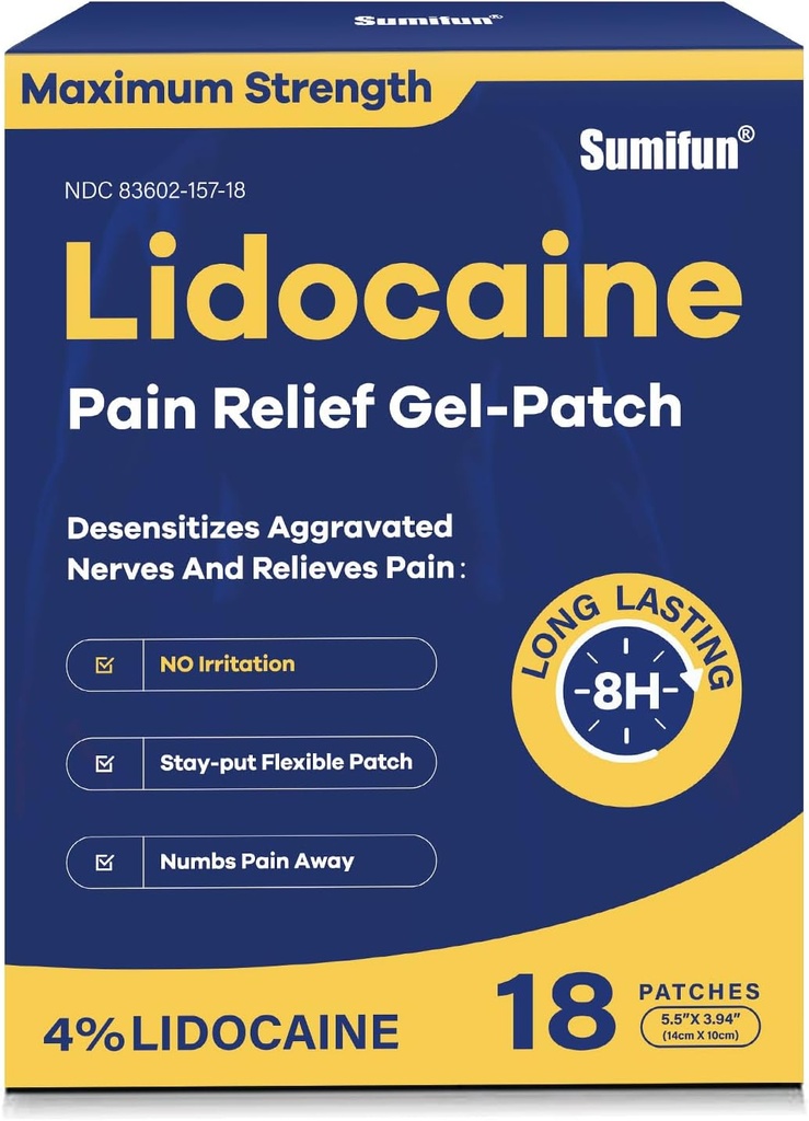Sumifun 4% Lidocaine Pain Relief Patches - εξωχρηματιστηριακά μέγιστη δύναμη – Ευέλικτη & μακράς διάρκειας, 18-Count Lidocaine Patches για πλάτη, λαιμός, μυς, κοινός πόνος - άοσμος πόνος Patch