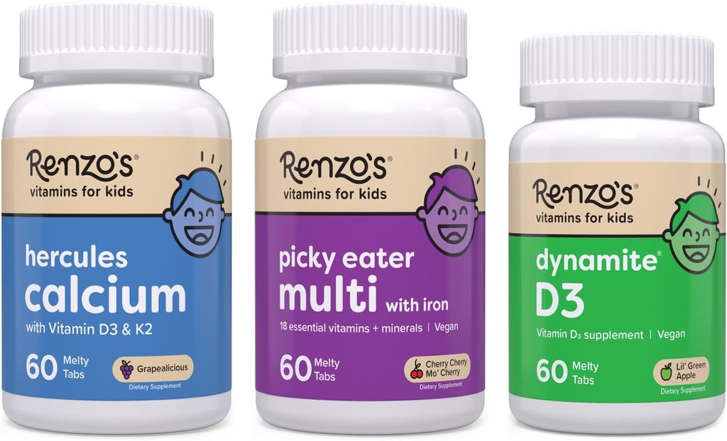 Βιταμίνες Renzo's Stronger Now Bundle - Picky Eater Kids Multivitamin, Hercules Calcium, και βιταμίνη D3 για παιδιά